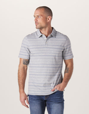 Active Puremeso Polo in Grey/Mineral Blue Stripe On Model from Front
