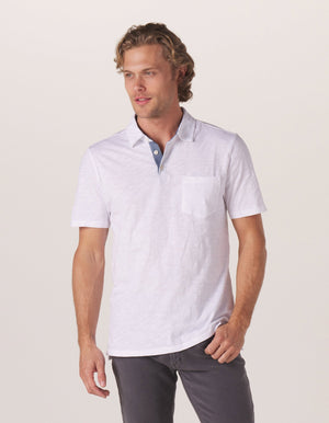 Vintage Slub Polo in White On Model from Front