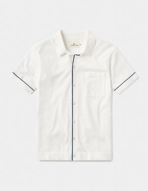 Robles Knit Button Down in Cream-Navy Laydown