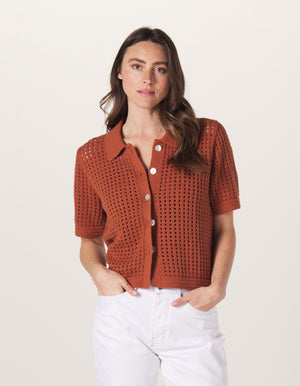 Sierra Open Knit Button Down in Clay On Model from Front