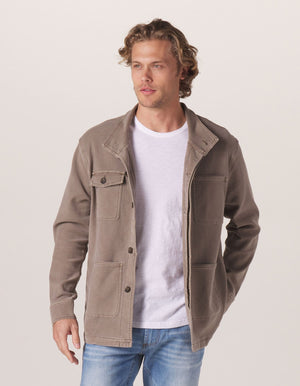 Comfort Terry Chore Coat in Taupe On Model from Front