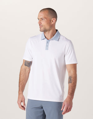 Color Block Performance Polo in White/Blue Fog On Model front Front