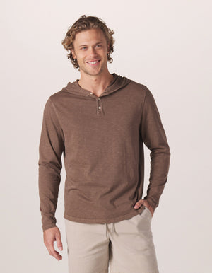 Legacy Jersey Henley Hoodie in Pine Bark On Model from Front