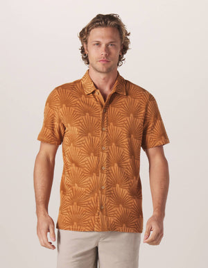 Towel Terry Button Down in Palm Canyon Print On Model from Front