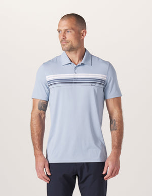 Normal Script Performance Polo in Blue Fog On Model from Front