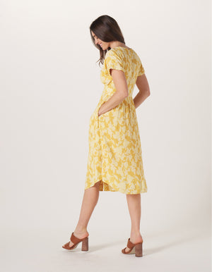 Ezra Crepe Deep V Button Thru Dress in Cliff Rose Print On Model from Side