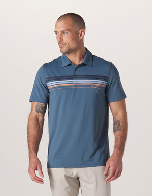 Normal Script Performance Polo in Mineral Blue On Model from Front