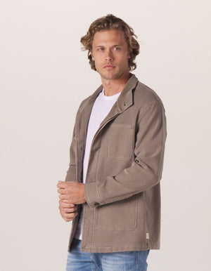 Comfort Terry Chore Coat in Taupe On Model from Side