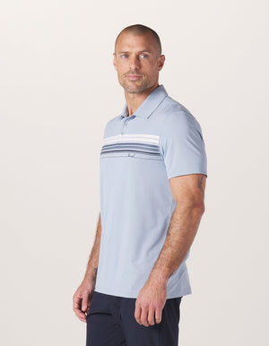 Normal Script Performance Polo in Blue Fog On Model from Side