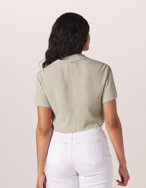 Ezra Crepe Cropped Shirt in Sage On Model from Back
