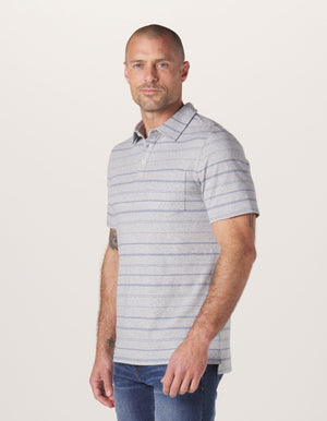 Active Puremeso Polo in Grey/Mineral Blue Stripe On Model from Side