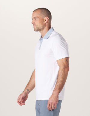 Color Block Performance Polo in White/Blue Fog On Model front Side