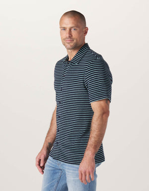 Towel Terry Button Down in Navy-Turquoise Stripe On Model from Side