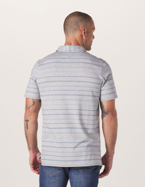 Active Puremeso Polo in Grey/Mineral Blue Stripe On Model from Back