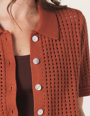 Sierra Open Knit Button Down in Clay On Model Collar Detail