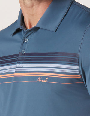 Normal Script Performance Polo in Mineral Blue On Model Script Detail