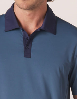 Color Block Performance Polo in Mineral Blue/Navy On Model Collar Detail
